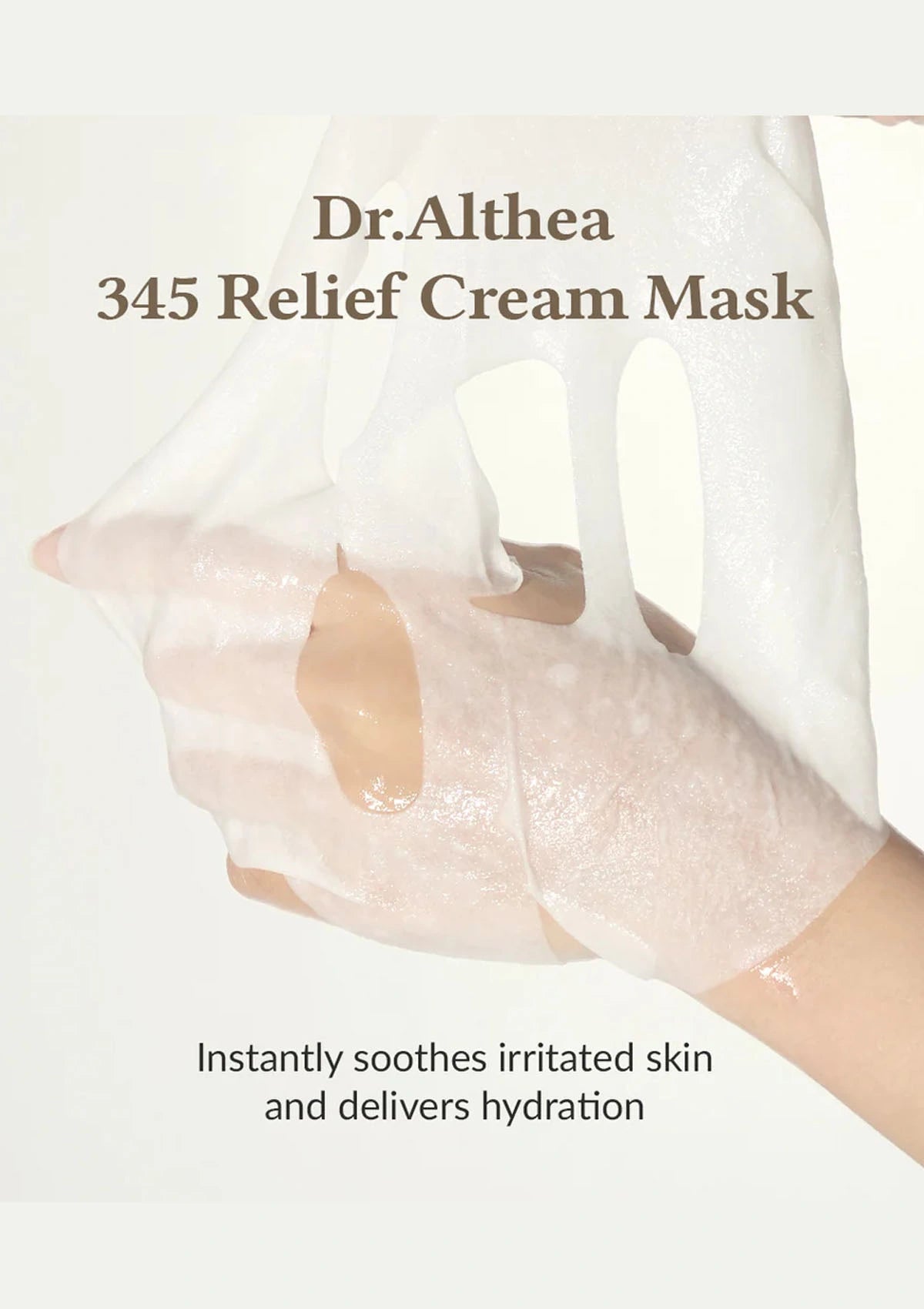 Dr. Althea 345 Relief Cream Mask being applied to a hand with text about its benefits.